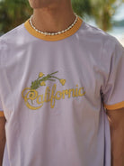Retro 21 California Graphic Ringer T Shirt in Lavender - On Male Model