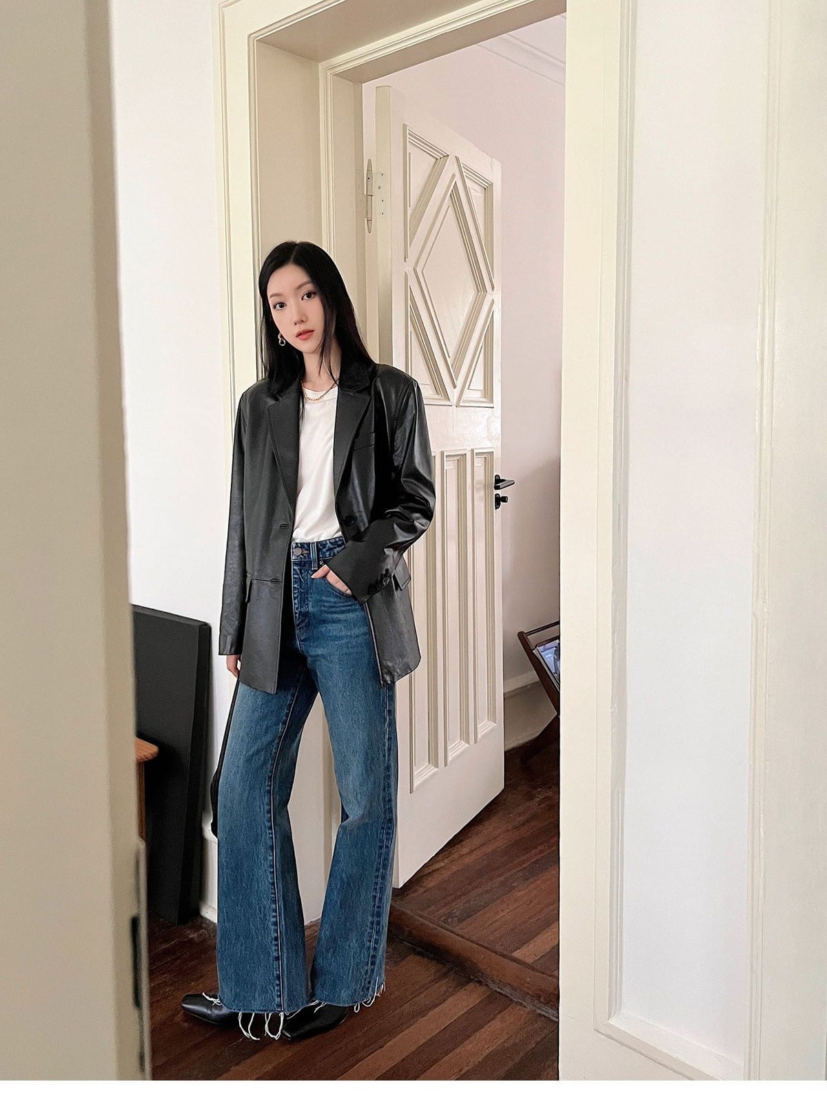 MSBEAST Vegetable Tanned Sheepskin Blazer in Black - On Female Model