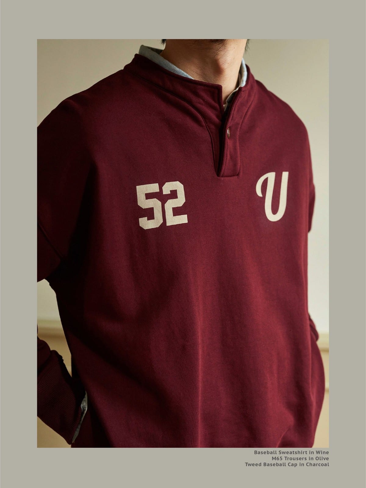 USAGE Terry Cotton Henley Sweatshirt in Burgundy - On Male Model