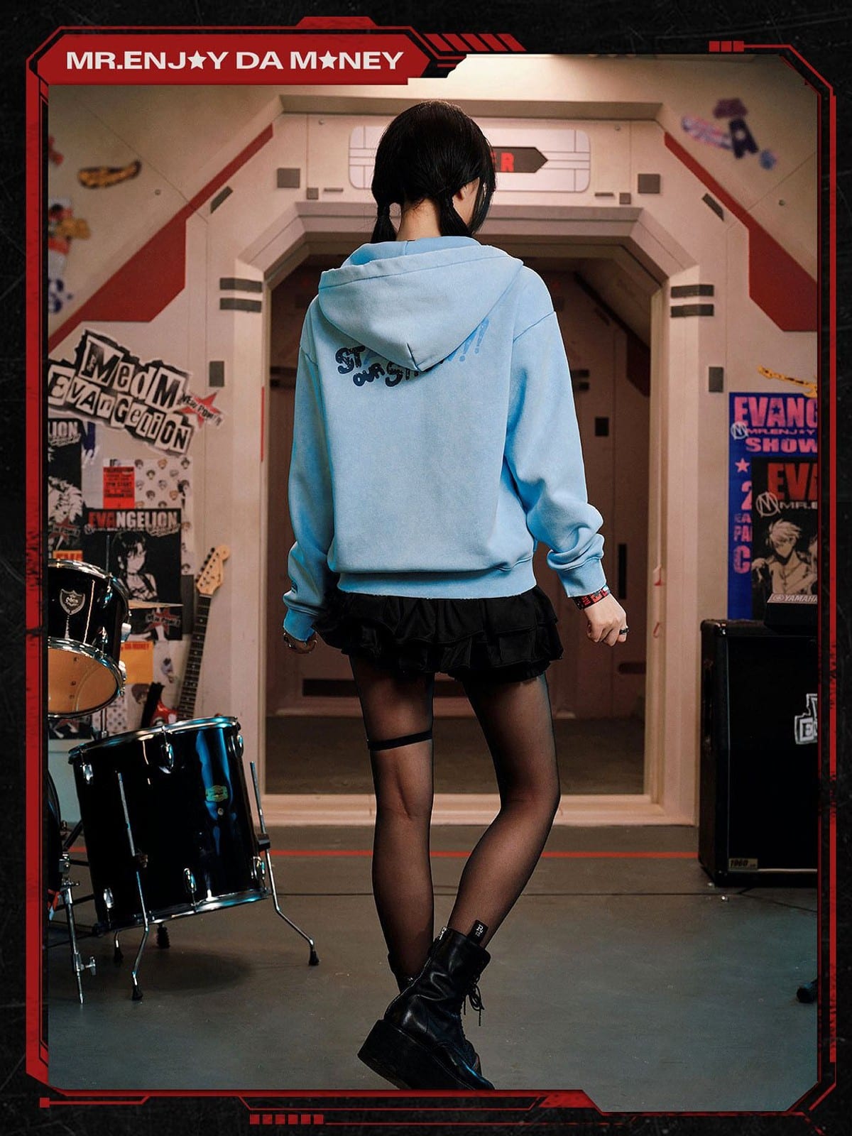 MEDM Evangelion Distressed Zip Up Hoodie in Sky Blue - On Female Model