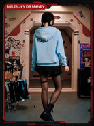 MEDM Evangelion Distressed Zip Up Hoodie in Sky Blue - On Female Model
