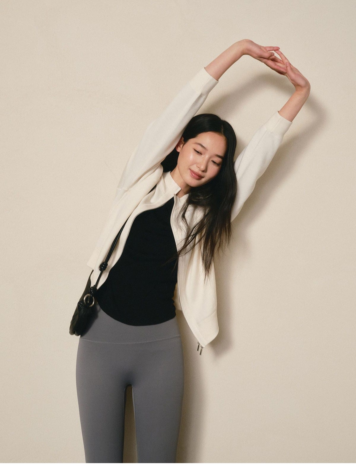 TEASEL Worsted Wool Double Zip Knit Jacket in Cream - On Female Model