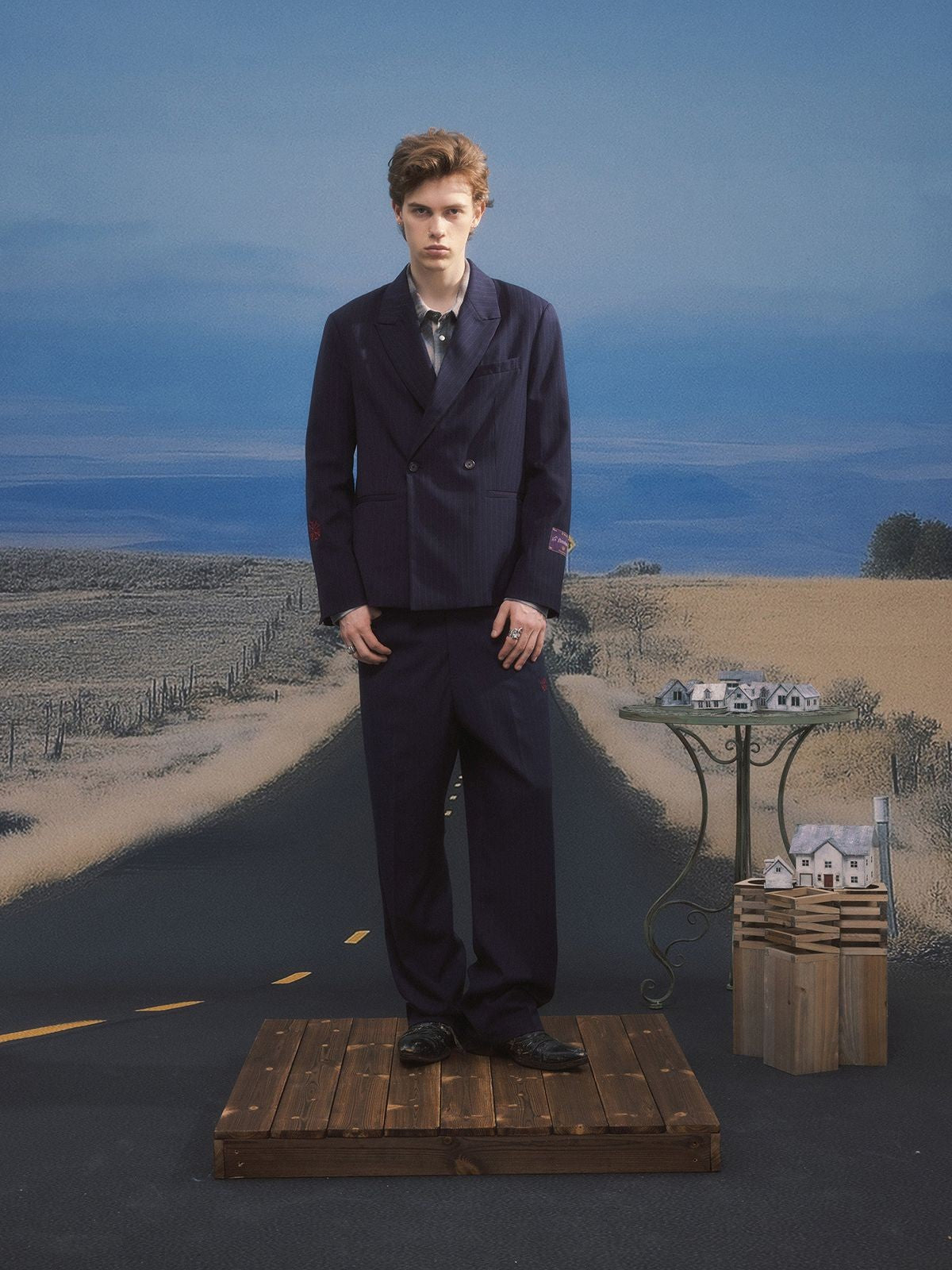 SOD Striped Double Breasted Wool Blend Blazer in Navy Blue - Lifestyle