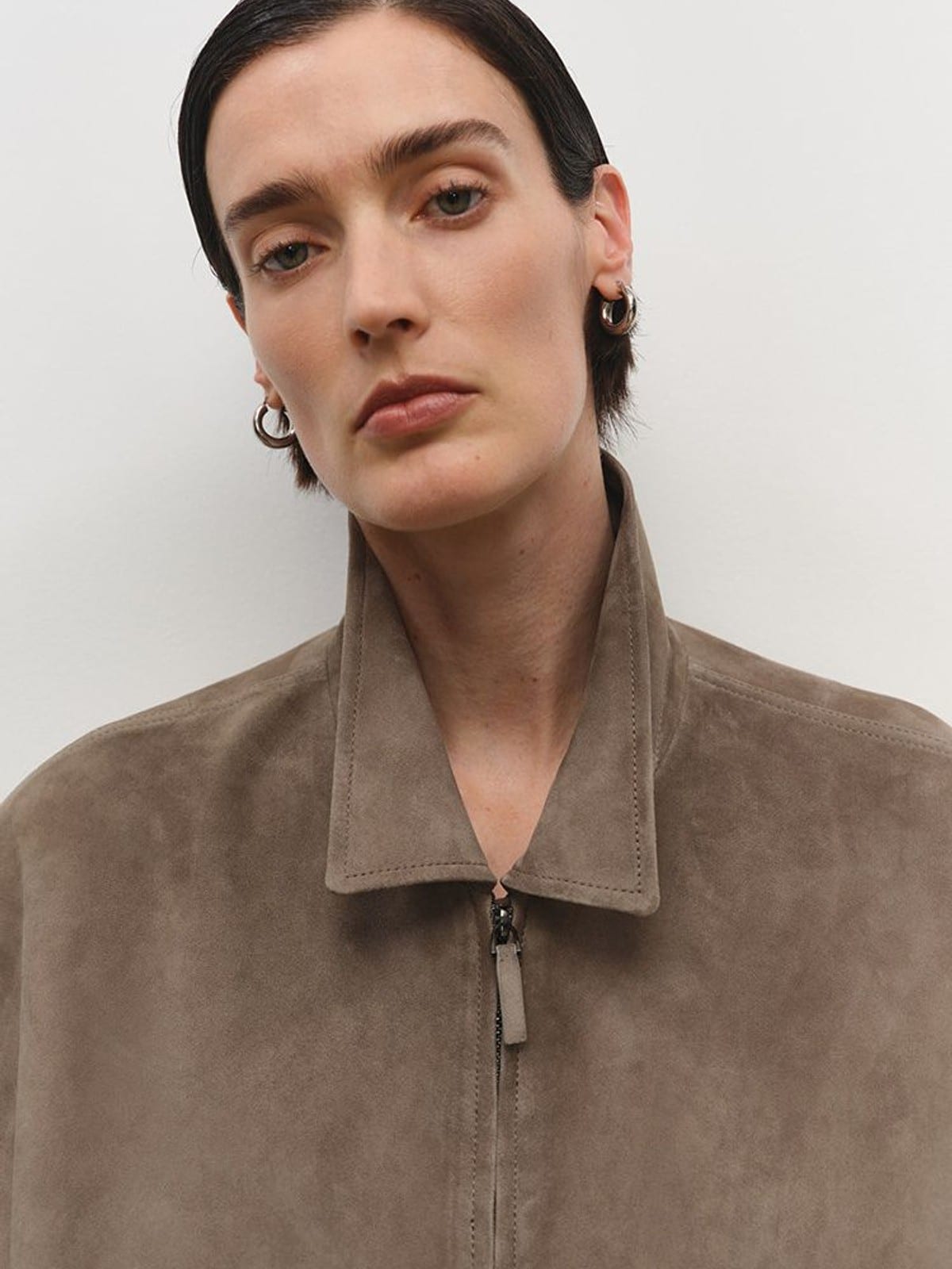 MSBEAST Broad Shoulder Sheepskin Jacket in Beige - On Female Model
