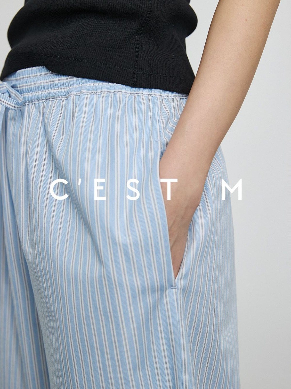 CEST M Striped Pima Cotton Shirt Pants Set in Sky Blue - On Female Model