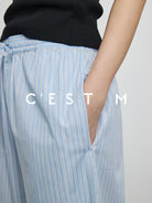 CEST M Striped Pima Cotton Shirt Pants Set in Sky Blue - On Female Model