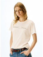 alright then Sheer Cotton Silk Blend Logo Tee in White - On Female Model