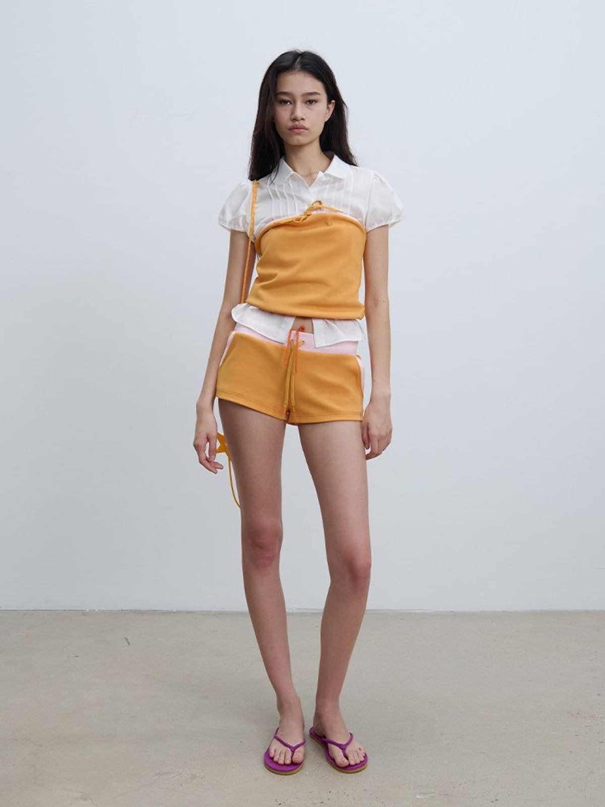 RARELY ALIKE Color Block Cotton Blend Sweatshorts in Orange - On Female Model