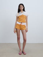 RARELY ALIKE Color Block Cotton Blend Sweatshorts in Orange - On Female Model
