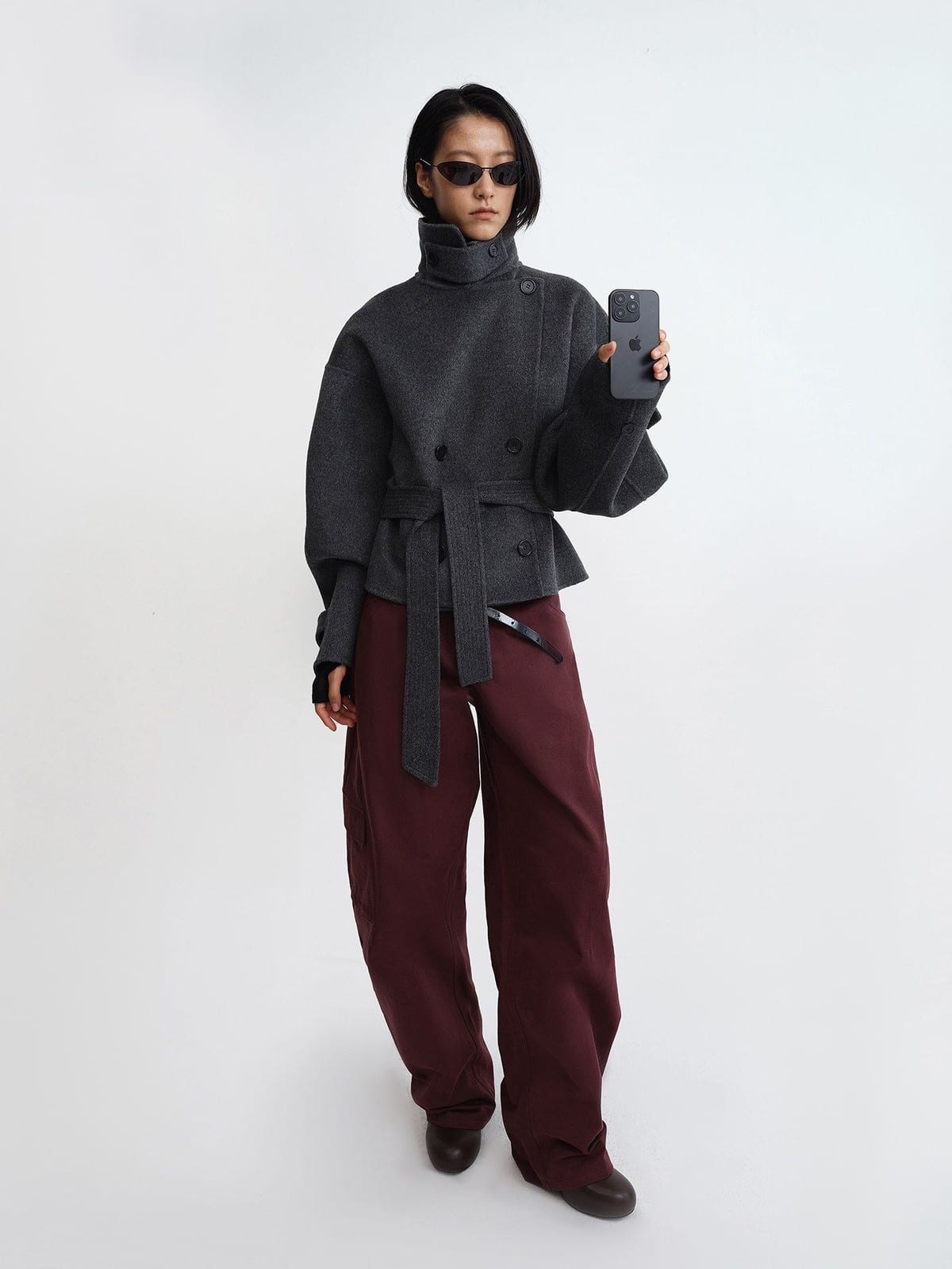 RARELY ALIKE Belted Double Breasted Short Wool Coat in Gray - On Female Model