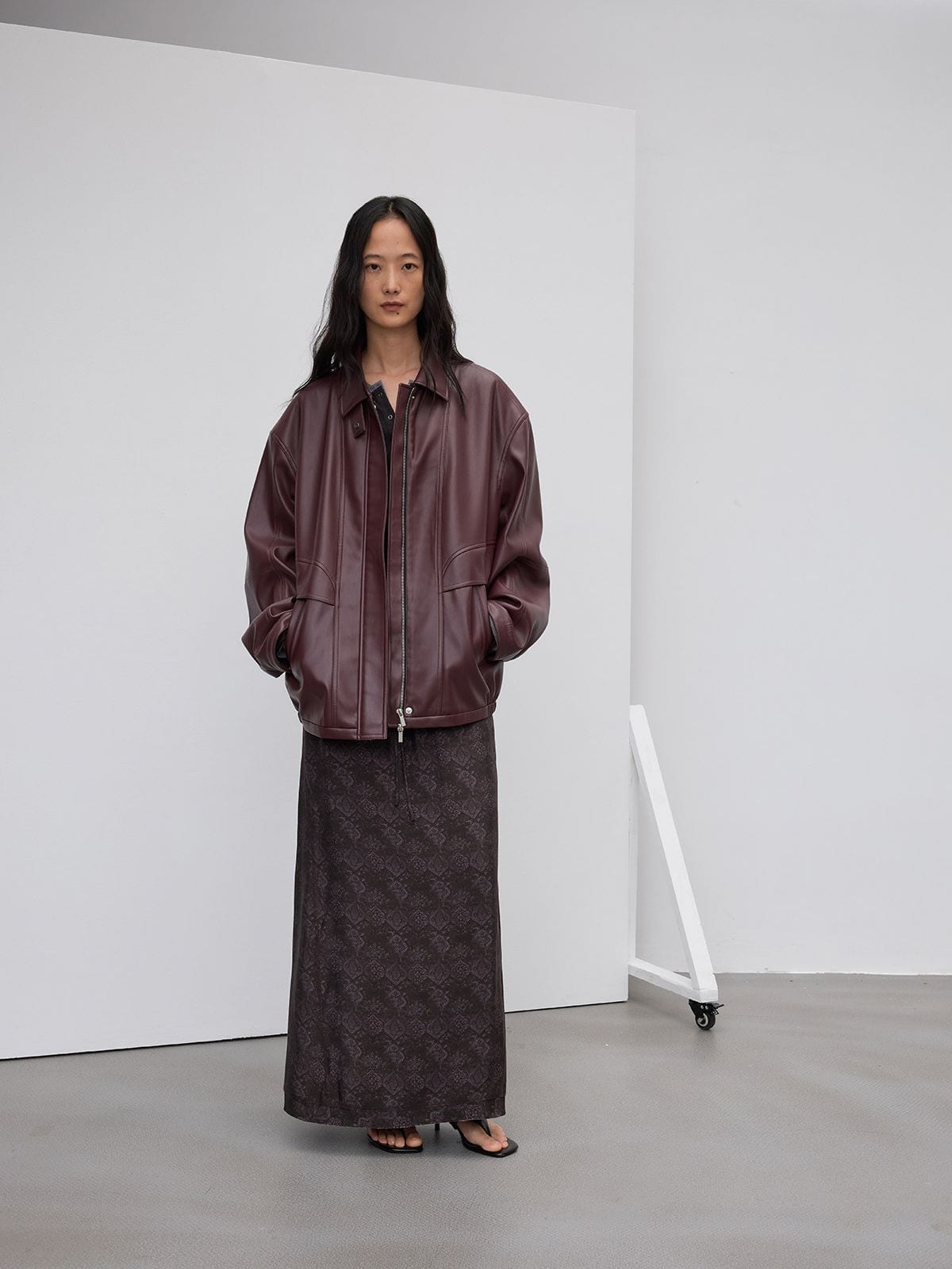Random Piece Drop Shoulder Matte Faux Leather Jacket in Burgundy - On Female Model