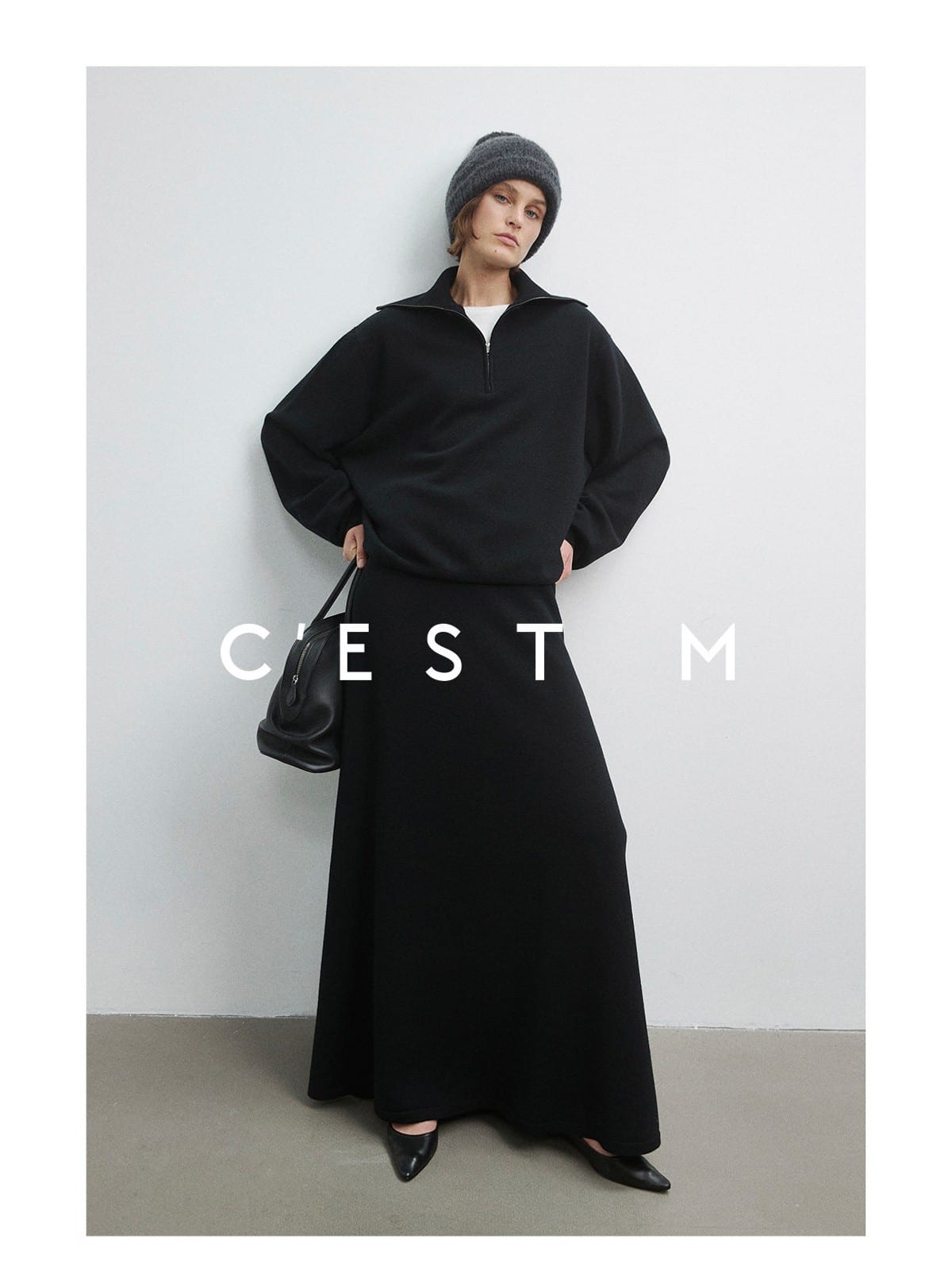 CEST M Half Zip Sweater A Line Skirt Set in Black - On Female Model