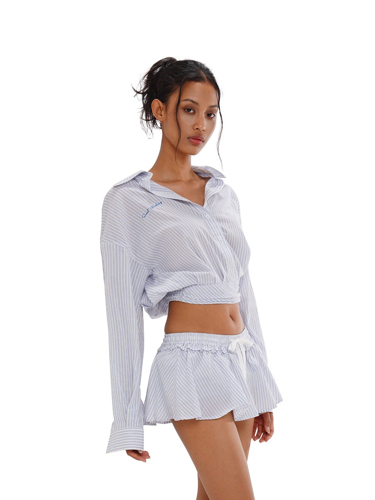SweetChilling Wrap Hem Cropped Shirt in Blue - On Female Model