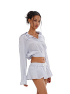 SweetChilling Wrap Hem Cropped Shirt in Blue - On Female Model