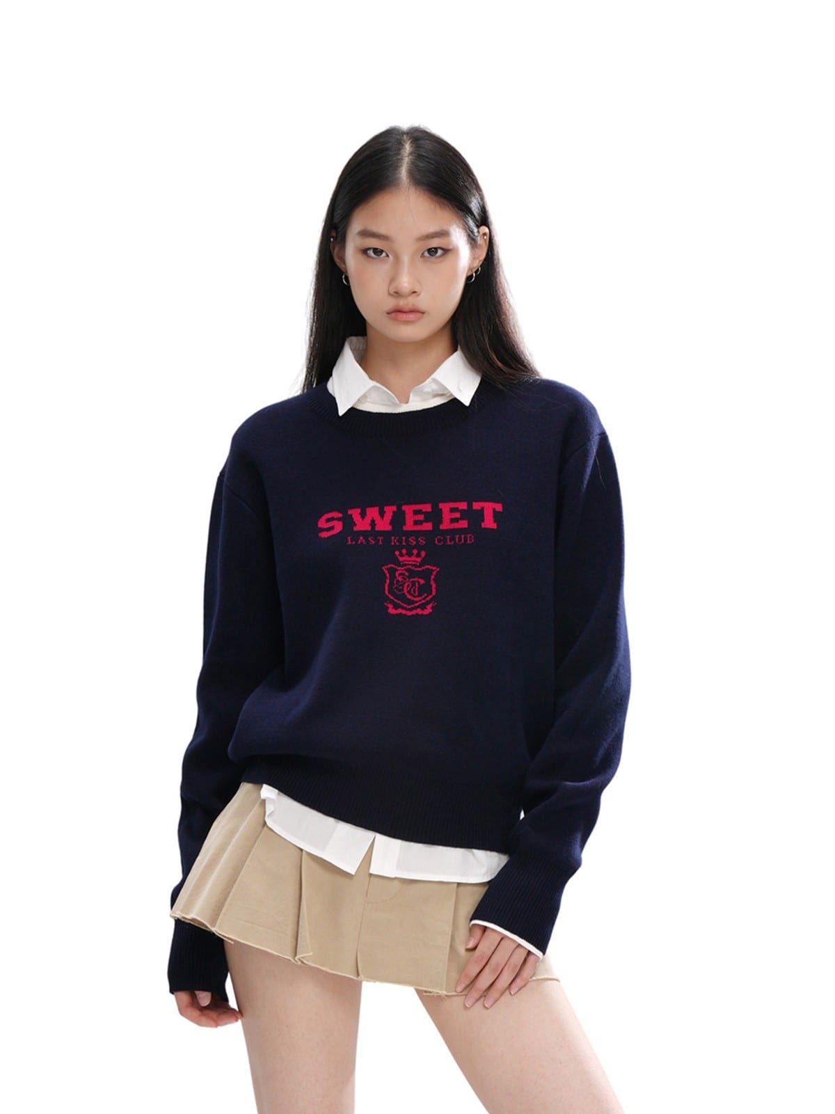 SweetChilling Layered Look Jacquard Crewneck Sweater in Navy Blue - On Female Model