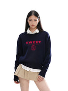 SweetChilling Layered Look Jacquard Crewneck Sweater in Navy Blue - On Female Model