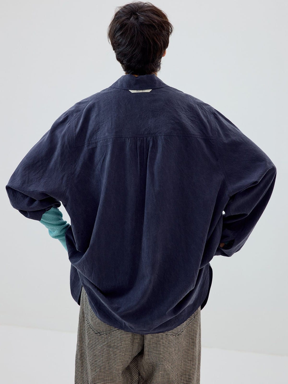 SIMPLE PROJECT Washed Lyocell Long Sleeve Shirt in Navy Blue - On Model