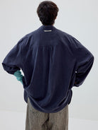 SIMPLE PROJECT Washed Lyocell Long Sleeve Shirt in Navy Blue - On Model