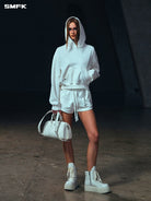 SMFK Meditation Cropped Cotton Hoodie in White - On Female Model