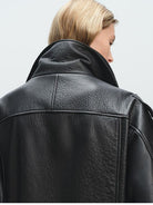 MSBEAST Double Collar Lambskin Leather Jacket in Black - On Female Model