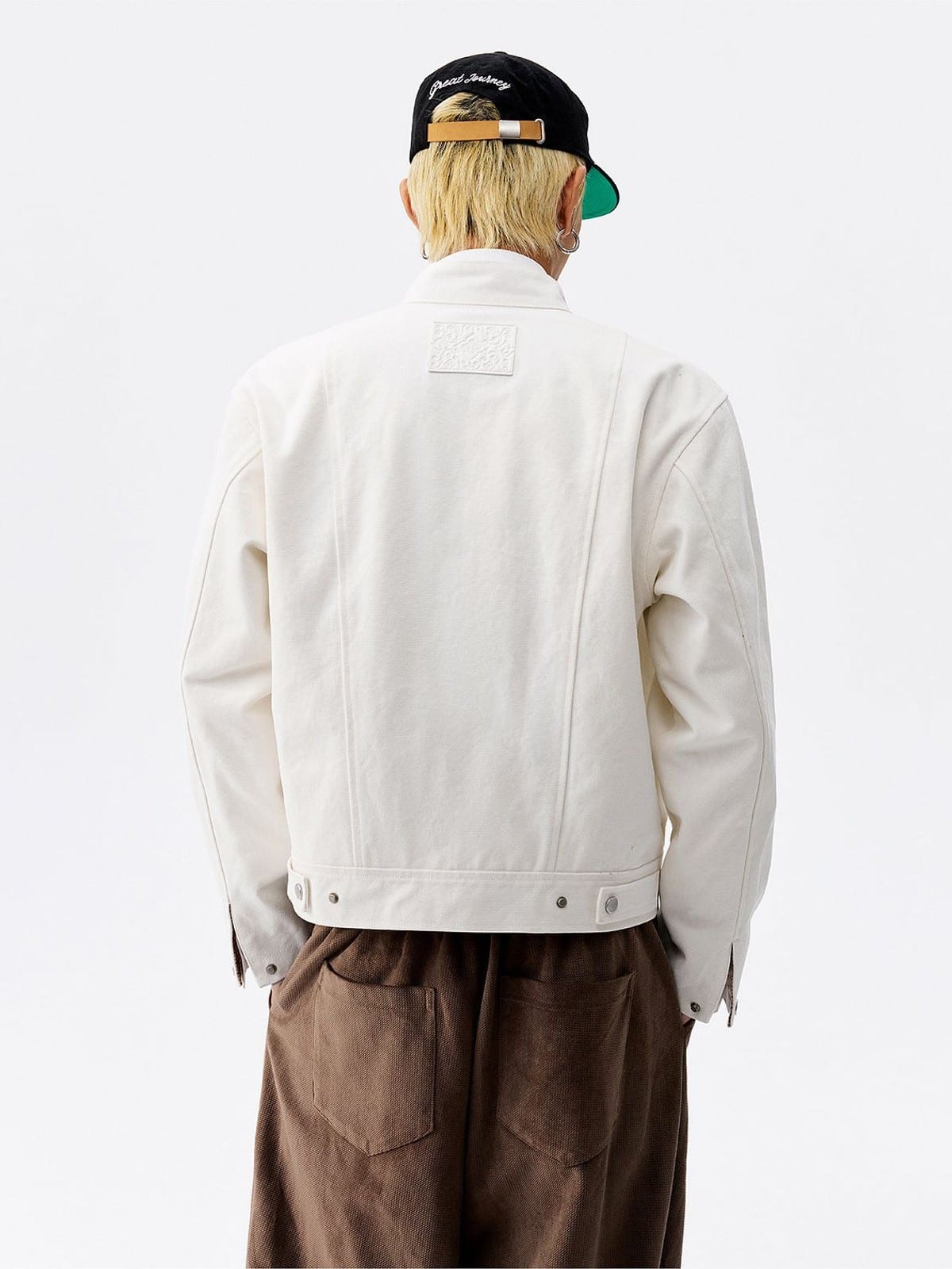 MEDM Plaid Collar Cotton Zip Up Jacket in White - On Model