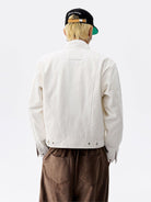 MEDM Plaid Collar Cotton Zip Up Jacket in White - On Model