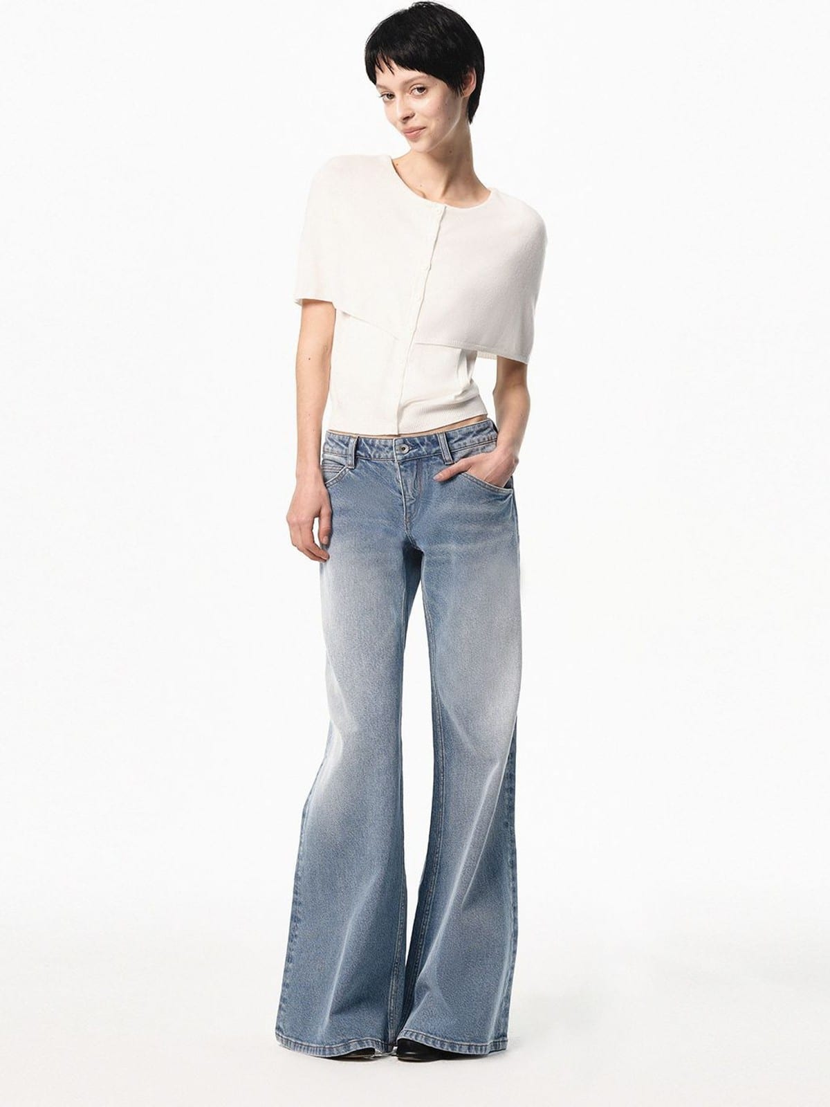 RARELY ALIKE Mock Two Piece Cape Knit Cardigan in Denim - On Female Model