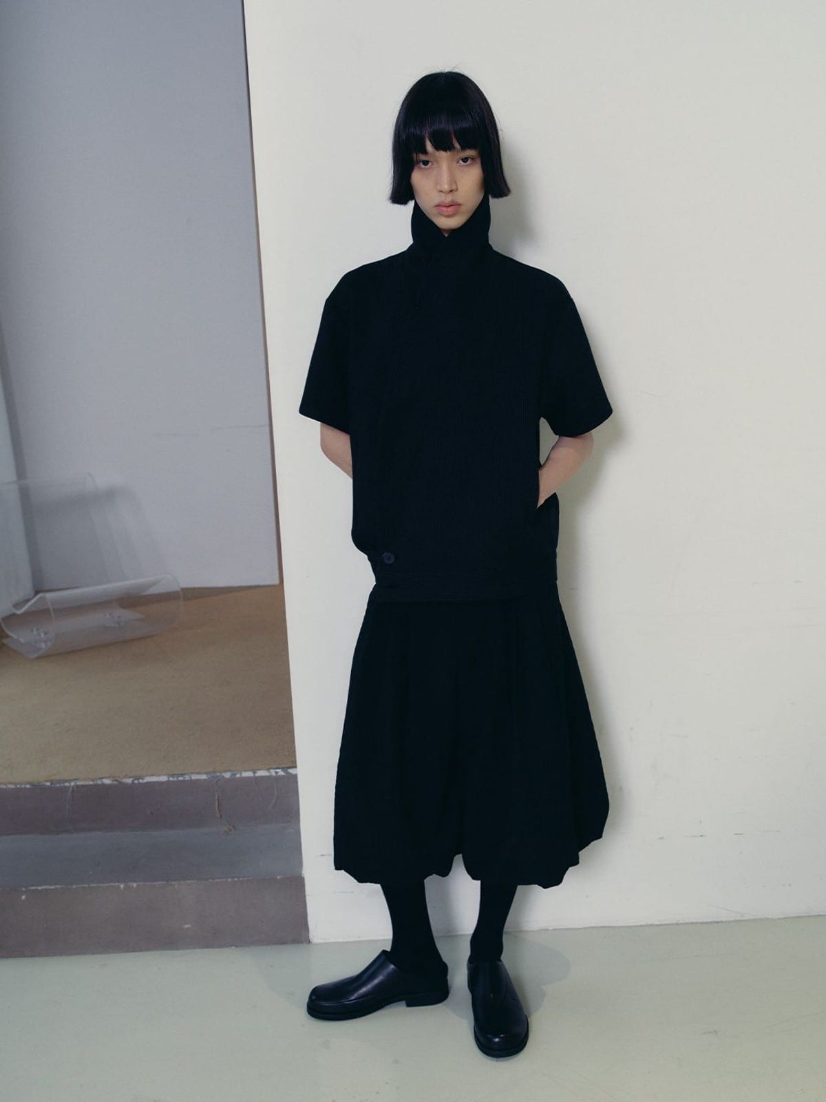 JCAESAR STUDIO Jacquard Shawl Collar Short Sleeve Shirt in Black - On Model