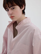 SIMPLE PROJECT Half Placket Plaid Popover Shirt in Pink - On Model