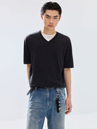 SIMPLE PROJECT Cashmere Blend V Neck Knit T Shirt in Black - On Male Model