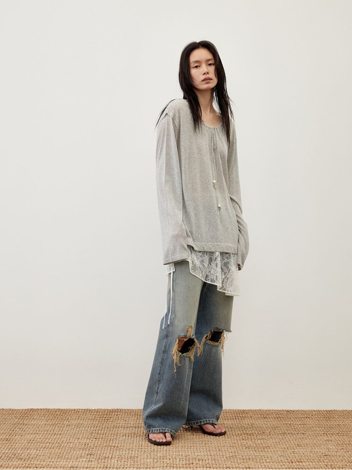 Random Piece Distressed Turkish Cotton Flared Jeans in Blue - On Female Model