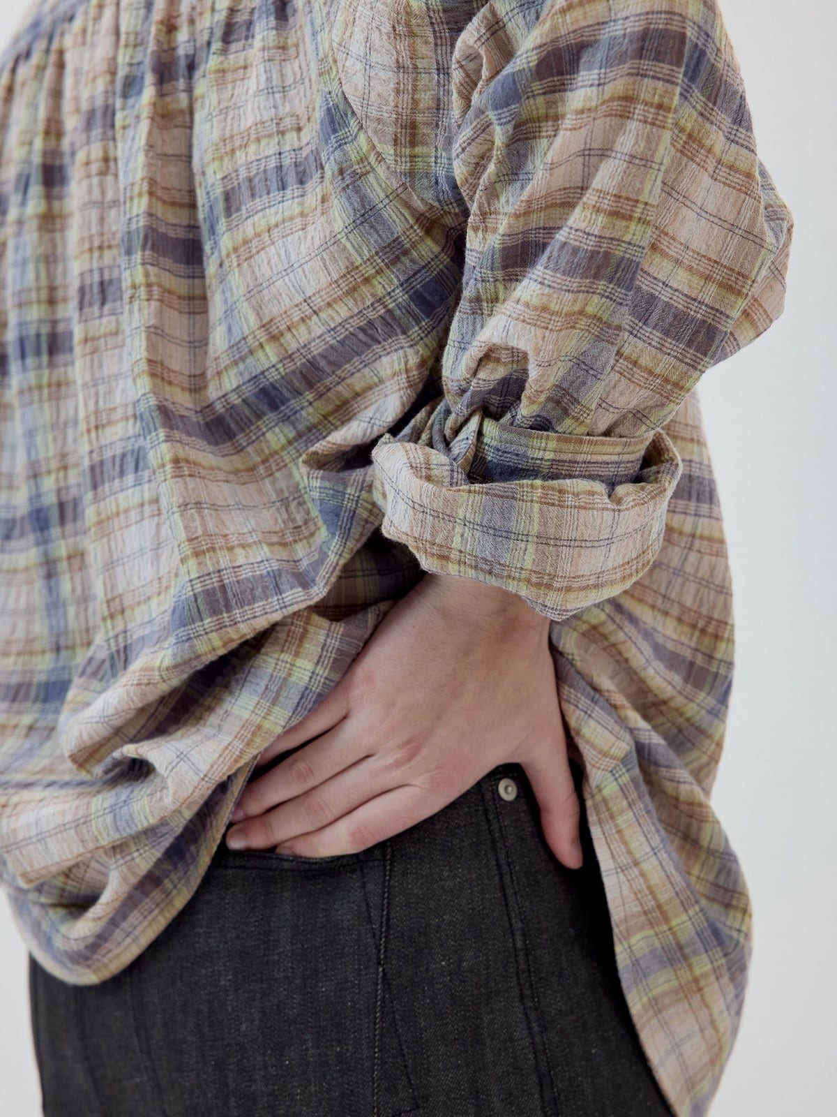 SIMPLE PROJECT Shawl Collar Crinkled Plaid Shirt in Khaki - On Model