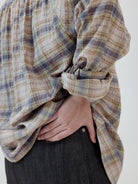 SIMPLE PROJECT Shawl Collar Crinkled Plaid Shirt in Khaki - On Model