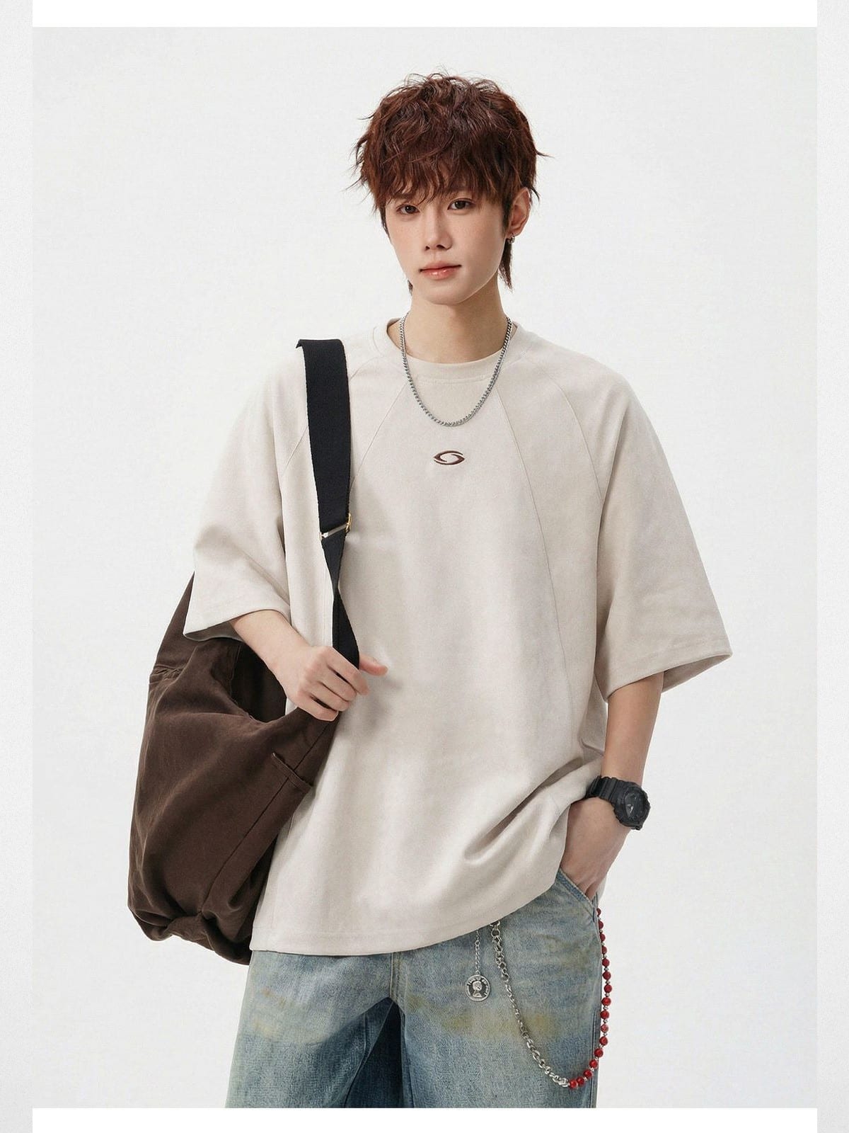MASONPRINCE Faux Suede Embroidered T Shirt in White - On Male Model