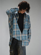 LOSTCTRL Frayed Asymmetric Plaid Shirt in Blue - On Male Model