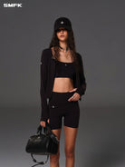 SMFK Scoop Neck Zip Up Sports Jacket in Black - On Female Model