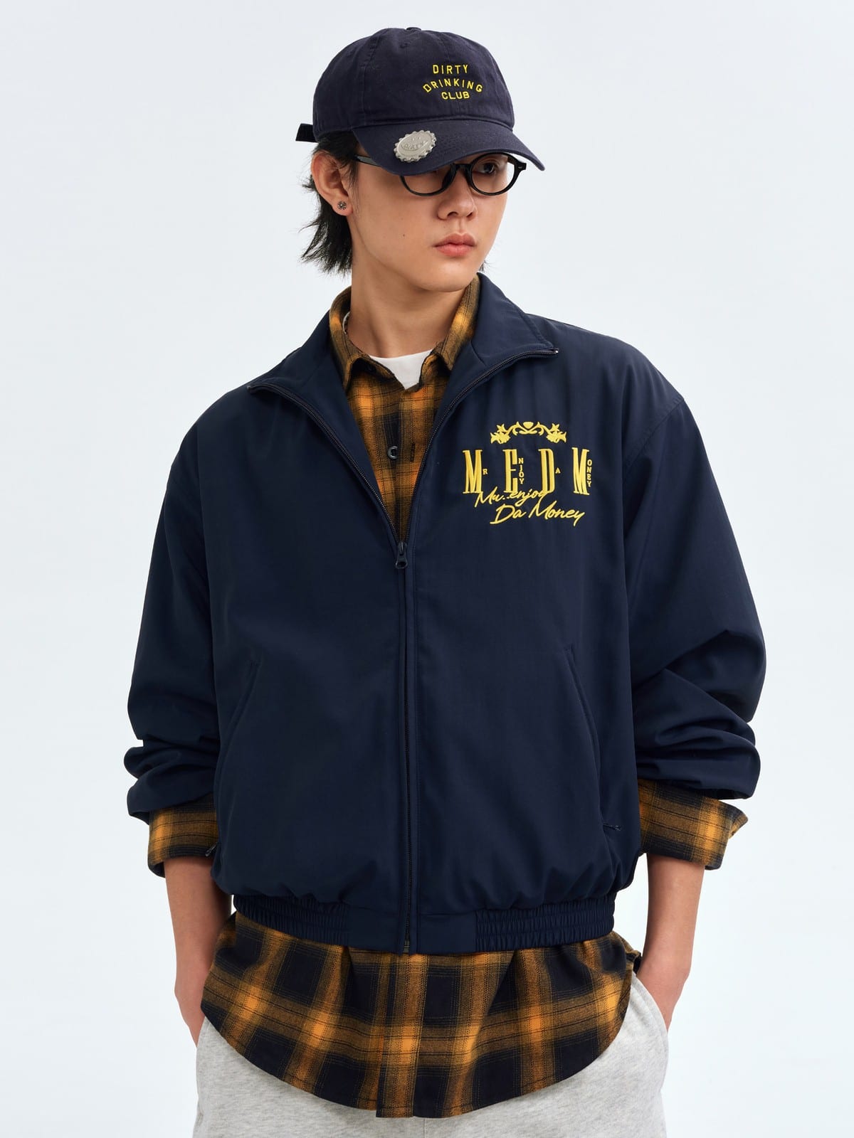MEDM Nylon Stand Collar Coach Jacket in Navy Blue - On Male Model