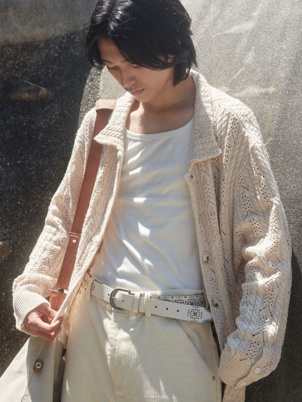 Retro 21 Openwork Wool Knit Cardigan Shirt in Apricot - On Male Model