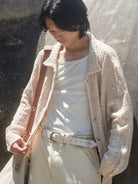 Retro 21 Openwork Wool Knit Cardigan Shirt in Apricot - On Male Model