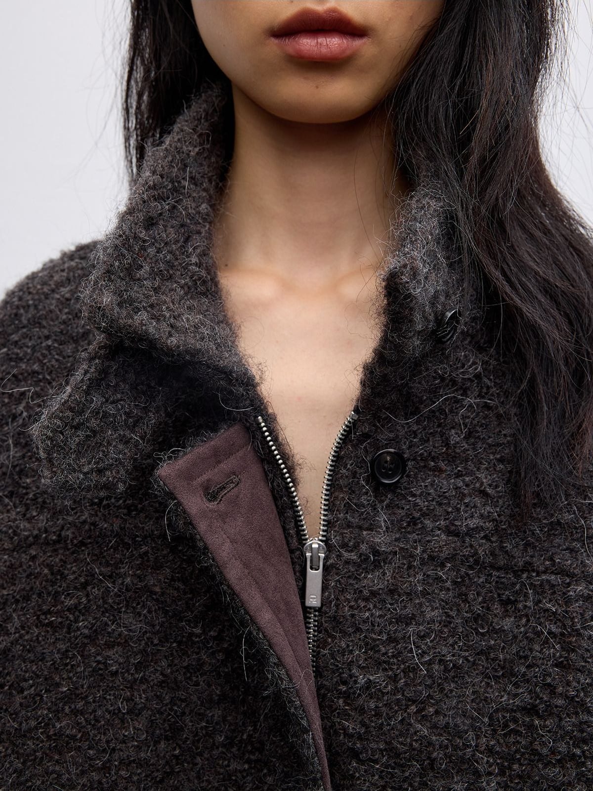 Random Piece Alpaca Blend Boucl Zip Jacket in Brown - On Female Model