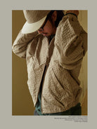 USAGE Jacquard Check Harrington Jacket in Beige - On Male Model