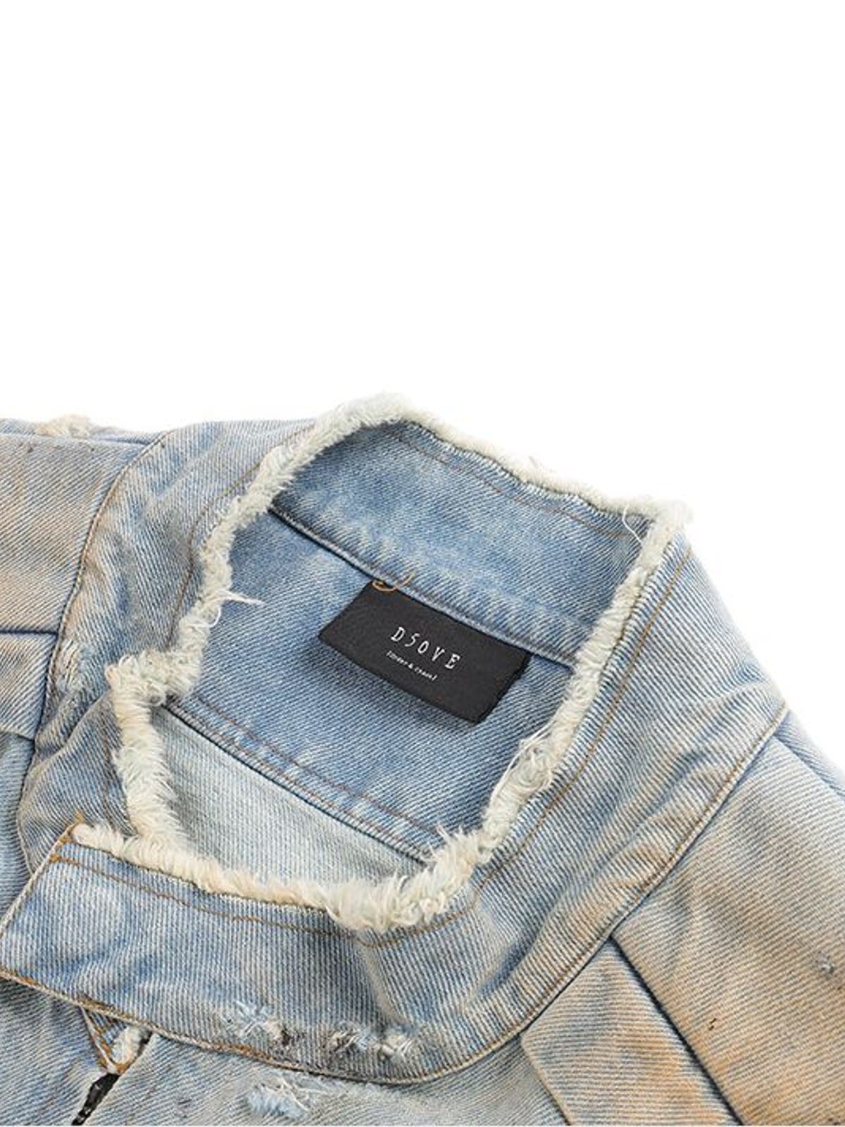 D5ove Mud Dyed Distressed Fringed Denim Jacket in Gray - Detail