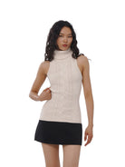 SweetChilling Paneled Cable Knit Turtleneck Dress in White - On Female Model