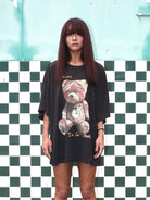 D5ove Distressed Sad Bear Graphic Cotton T Shirt in Black - On Female Model