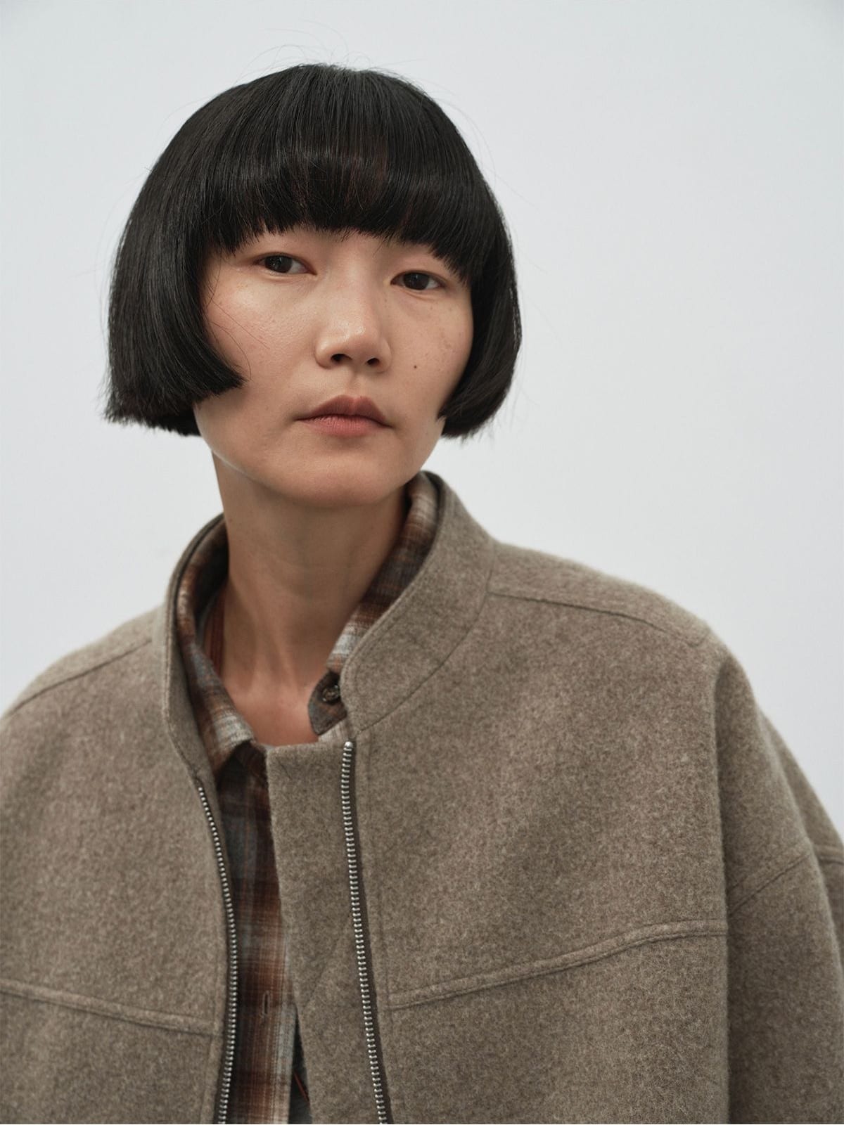 Random Piece Super 110S Wool Bomber Jacket in Brown - On Female Model