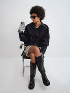 RARELY ALIKE Belted Cropped Trench Jacket in Navy Blue - On Female Model
