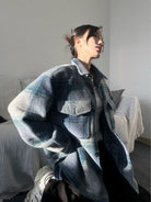 LOSTCTRL Embroidered Brushed Plaid Jacket in Blue - On Female Model