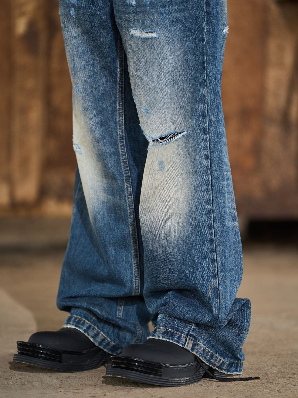 BLINDNOPLAN Distressed Dark Wash Straight Jeans in Blue - On Model