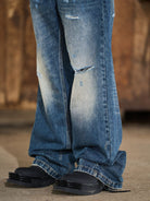 BLINDNOPLAN Distressed Dark Wash Straight Jeans in Blue - On Model