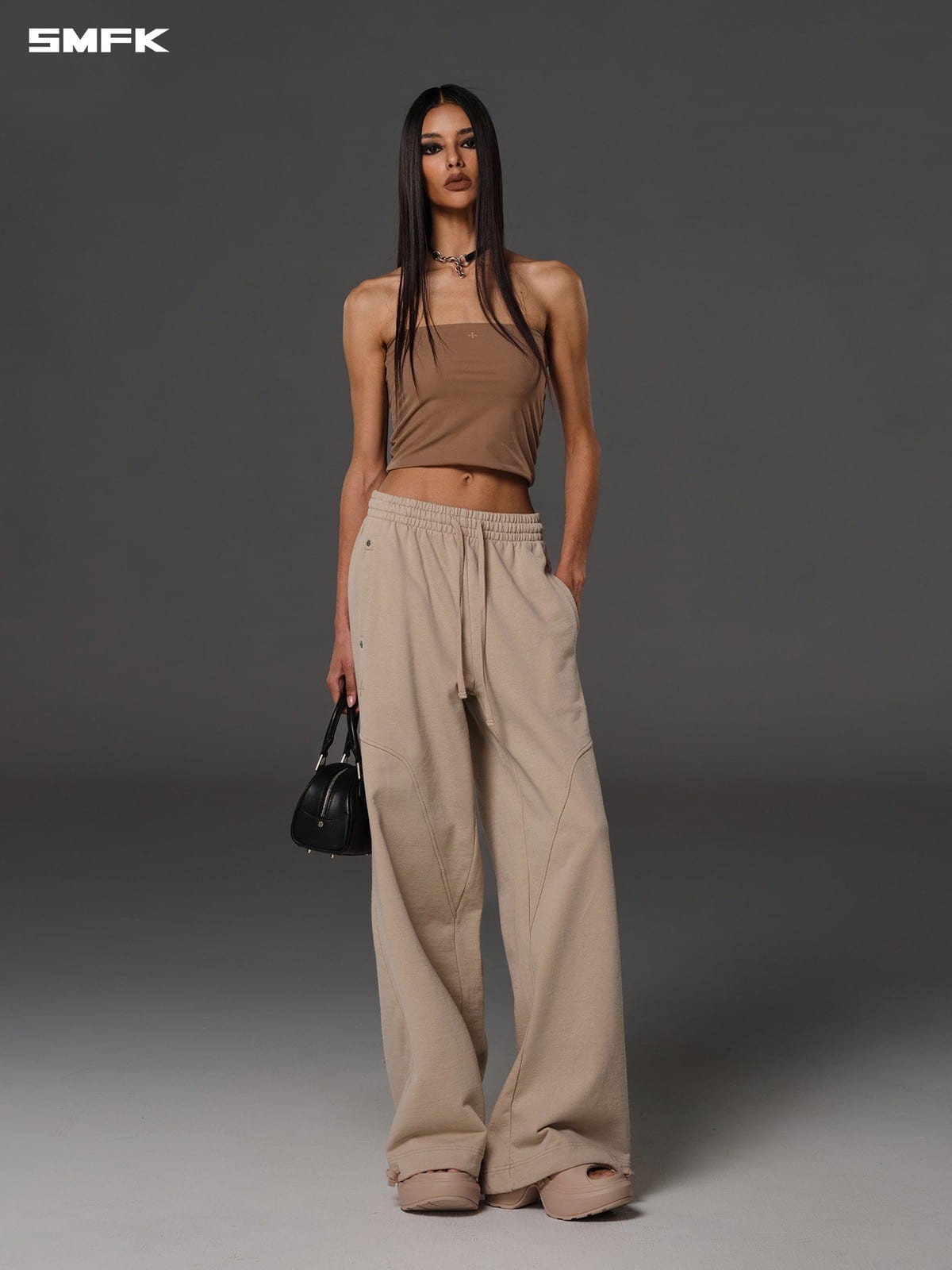 SMFK Cotton Wool Flared Sweatpants in Beige - On Female Model